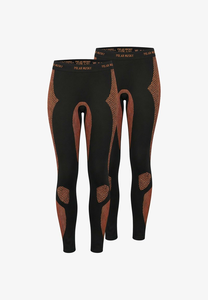 Schwarze Leggings mit orangefarbenen Musterakzenten, mit enger Passform, strukturierten Bereichen und einem Logo-Bund. Hergestellt aus flexiblem, atmungsaktivem Material.