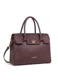 Borsa a tracolla in pelle viola scuro con doppi manici, chiusura in metallo dorato, tracolla staccabile e logo "Lancaster Paris".