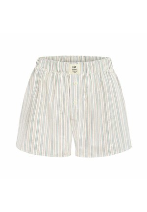 Bawełniane szorty w paski z elastycznym pasem, zdobione pionowymi liniami w odcieniach niebieskiego, zielonego i beżu, z dwoma guzikami z przodu.