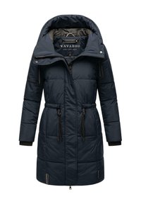 Navy puffer coat with a drawstring waist, zippered closure, and adjustable hood. Features black accent cuffs and logo detailing.