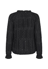 Black long-sleeve blouse with textured fabric, featuring a pattern of vertical lines, circles, and leaves, and a ruffled neckline and cuffs.