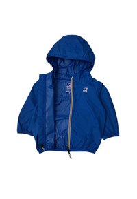 Giacca impermeabile blu per neonati, con cappuccio, zip completa, polsini elasticizzati e una cerniera gialla come accentuazione. Taglia 12 mesi.