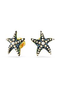 Pendientes en forma de estrella de mar con esmalte negro, piedras preciosas azules y verdes, y acentos de perla. Herrajes en tono dorado con superficie texturizada.
