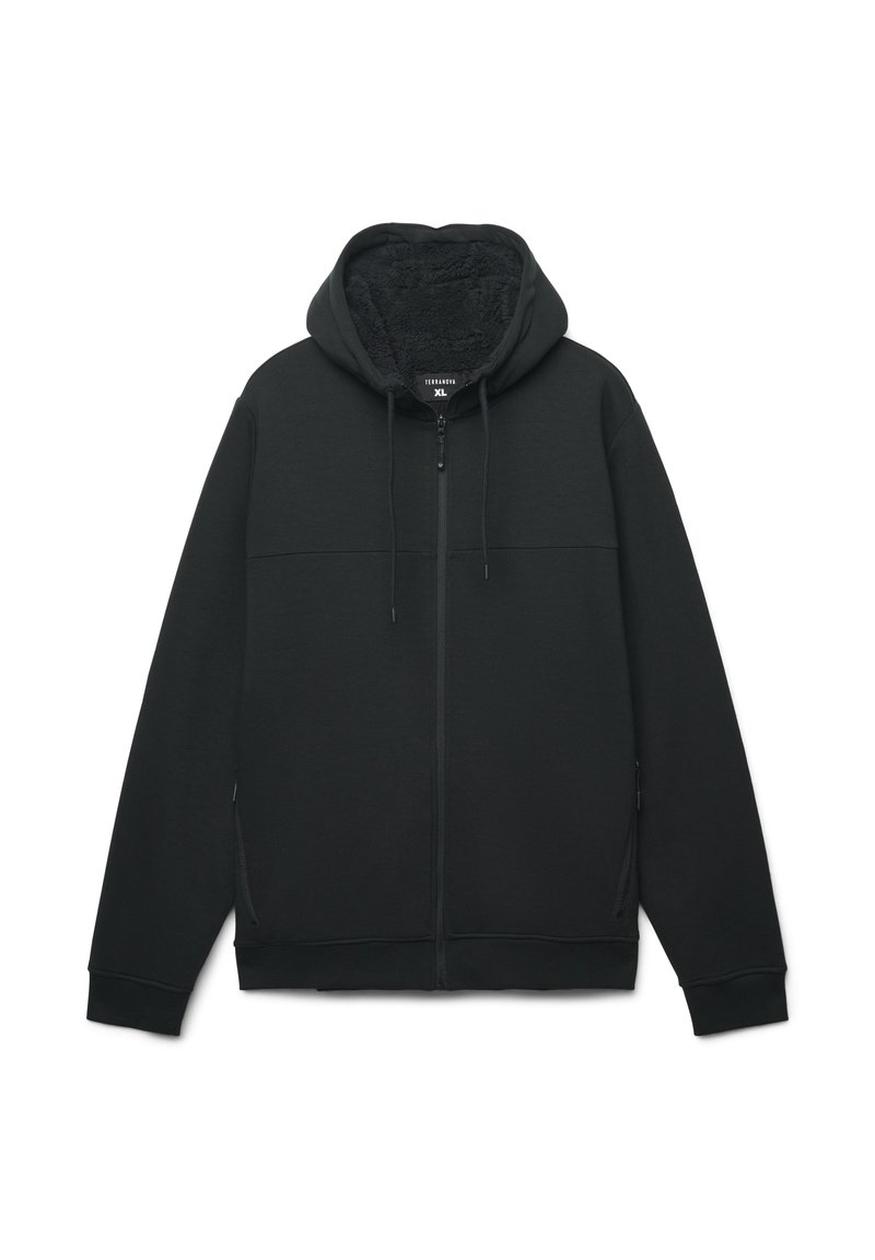 Felpa nera con cappuccio e chiusura a zip, foderato internamente in modo morbido, dotata di due tasche laterali e corde di regolazione sul cappuccio.