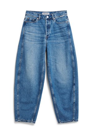 Blaue Denim-Jeans mit lockerer Passform, hoher Taille, Fünf-Taschen-Design und leicht verblasster Textur für einen abgenutzten Look.