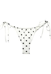 Weißer Bikini-Unterteil mit schwarzen Punkten, ausgestattet mit verstellbaren Bindebändern an den Seiten und gerafftem Stoff für eine figurbetonte Form.
