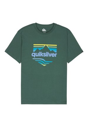 Green cotton t-shirt featuring a colorful graphic logo with mountains and waves in yellow, blue, and turquoise. Short sleeves, crew neck design.
