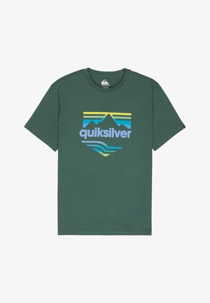 Green cotton t-shirt featuring a colorful graphic logo with mountains and waves in yellow, blue, and turquoise. Short sleeves, crew neck design.