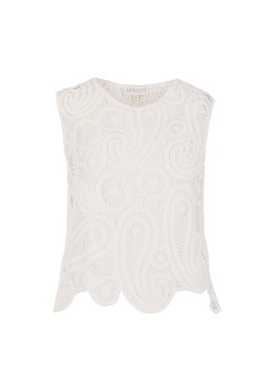 Witte mouwloze kanten top met ingewikkelde bloem- en krulpatronen en gefronste zoom, met het label "APRICOT" aan de binnenkant van de halslijn.