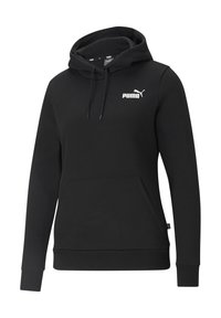 Čierna mikina s kapucňou vyrobená z bavlneného zmesi. Má klokanie vrecko, ribbované manžety, nastaviteľnú kapucňu so šnúrkou a biely logo Puma na prednej strane.