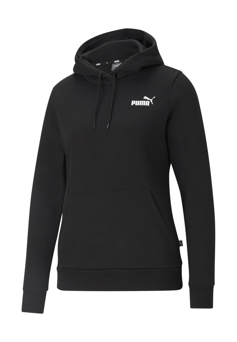 Čierna mikina s kapucňou vyrobená z bavlneného zmesi. Má klokanie vrecko, ribbované manžety, nastaviteľnú kapucňu so šnúrkou a biely logo Puma na prednej strane.
