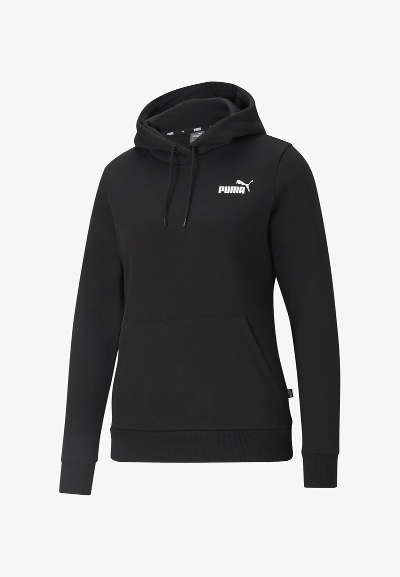Schwarzer Hoodie aus Baumwollmischung. Verfügt über eine Kängurutasche, gerippte Bündchen, eine verstellbare Kapuze mit Kordelzug und ein weißes Puma-Logo auf der Vorderseite.