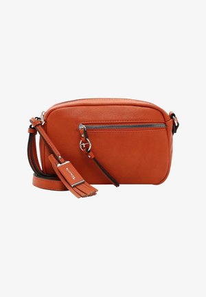 Oranje lederen crossbodytas met een gestructureerde afwerking, een voorvak met rits en een afneembare tassel als detail. Verstelbare riem met metalen bevestigingen.