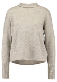 Helle beige Strickpullover mit langen Ärmeln und Stehkragen, mit gerippten Bündchen und einem leicht geschwungenen Saum vorne.