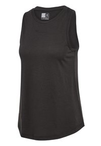 Sort ærmeløs atletisk tanktop med rund halsudskæring, subtil hummel-logo på brystet og størrelseslabel inde i kraven.
