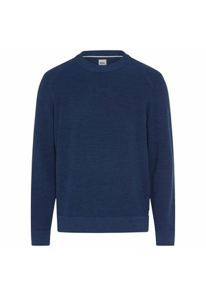 Marineblauer Langarm-Pullover mit Rundhalsausschnitt und geripptem Kragen, Bündchen und Saum, dargestellt auf weißem Hintergrund.