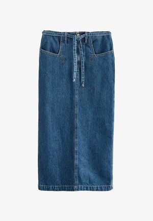 Denim rok in diepblauw, knie-lengte, met een hoge taille, ceintuursluiting en voorzakken. Kenmerkt zichtbare stiksels en een rechte snit.