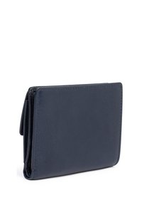 Navy leather wallet with a smooth texture, fold-over design, and subtle stitching. Features a rounded edge and compact, rectangular shape.