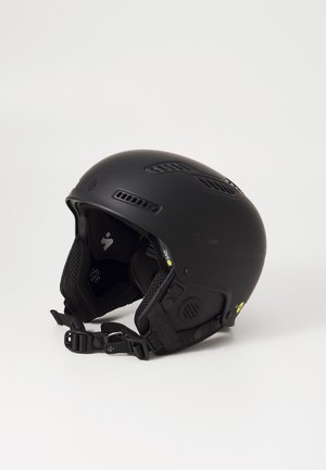 Casque de ski noir avec des trous de ventilation, sangle de menton réglable, finition texturée et rembourrage intérieur pour le confort et l'ajustement.