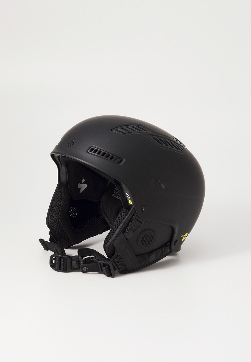 Capacete de esqui preto com orifícios de ventilação, tira ajustável para o queixo, acabamento texturizado e acolchoamento interior para conforto e ajuste.