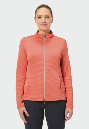 Korallenfarbener Reißverschlussjacke mit strukturiertem gestreiftem Muster, hohem Kragen und langen Ärmeln. Verfügt über einen vorderen Reißverschluss und ein dezentes Logo auf der Brust.