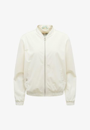 Hvid bomberjakke med lynlås foran, sidelommer, elastiske ærmegab og kontureret krave, vist mod en ensfarvet baggrund.