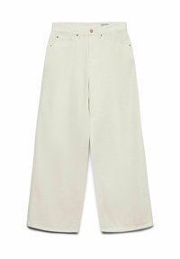 Pantalon crème à jambes larges et taille haute, avec poches avant, passants pour ceinture, et fermeture par bouton.