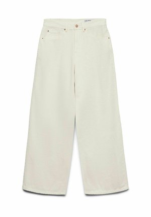 Pantalon crème à jambes larges et taille haute, avec poches avant, passants pour ceinture, et fermeture par bouton.