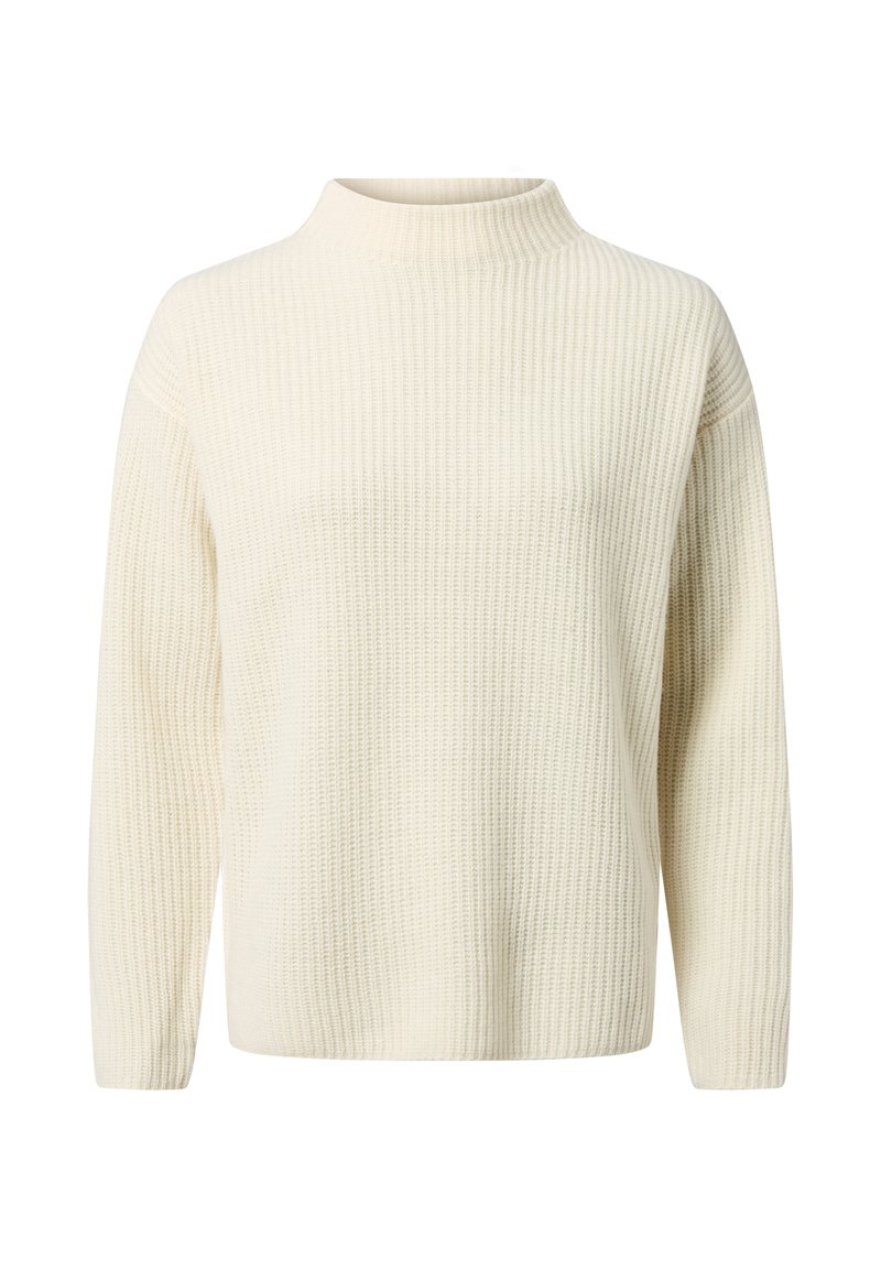 Sweter dzianinowy w kolorze ecru, z wysokim kołnierzem, długimi rękawami, prążkowaną strukturą i luźnym krojem. Prosty i wszechstronny design.
