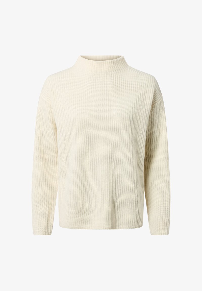 Strickpullover in Off-White, mit hohem Kragen, langen Ärmeln, strukturiertem Rippmuster und lockerer Passform. Einfaches und vielseitiges Design.