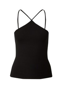 Zwarte geribde tanktop met dunne kruislings geplaatste schouderbandjes, aansluitend ontwerp en een gebogen zoom. Gemaakt van zachte, rekbare stof voor comfort.