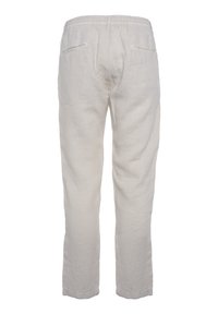 Lichtbeige linnenbroeken met een elastische tailleband, voorzien van twee achterzakken en een rechte pasvorm met een lichte tapering aan de zoom.