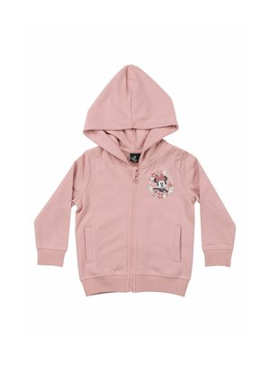 Pink toddler-sized hoodie with front zipper, two pockets, and Minnie Mouse graphic surrounded by flowers on the left chest.