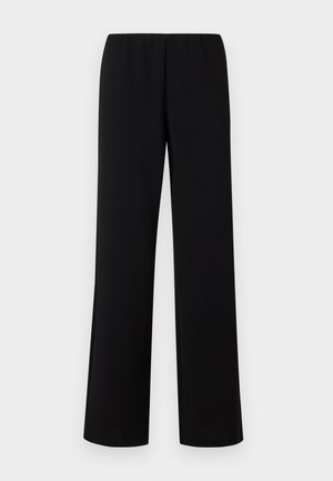 Sorte vidde bukser med strikk i livet, laget av et glatt stoff, med et rent, minimalistisk design uten dekorasjoner.