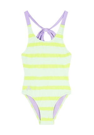 Maillot de bain une pièce en vert clair avec des rayures jaunes, doté d'une sangle arrière violette nouée et d'un petit logo crâne au niveau de la hanche.