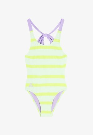 Kostium jednoczęściowy w jasnym zielonym kolorze w żółte paski, z wiązanym fioletowym paskiem z tyłu i małym logo czaszki na biodrze.