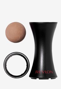 Revlon skönhetsverktygssats med en svart ergonomisk hållare, en ljusbrun makeupsvamp och en rund svart bas. Släta ytor och modern design.