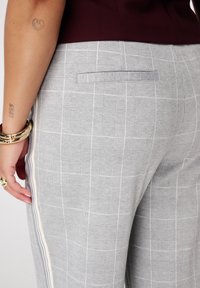 Grijze geruite broek met een gestructureerde stof, een achterzak en een contrasterende zijstrip. De pasvorm is tailored en met rechte pijpen.