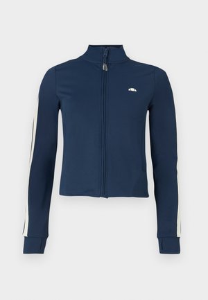 Giacca zip-up navale realizzata in tessuto liscio ed elastico; presenta strisce bianche lungo le maniche e un piccolo logo sul petto.