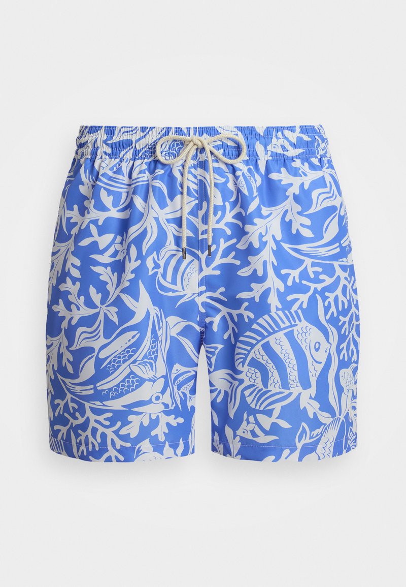 Niebieskie szorty pływackie z białym wzorem ryb i koralowców, elastyczny pas z troczkiem oraz gładki, lekki materiał.