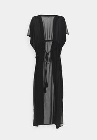 Svart, gjennomsiktig kimono-stil morgenkåpe med korte ermer, knyteliv og dekorative frynser på kanten. Lett, flytende design.