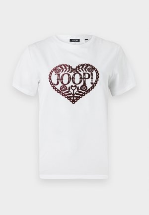 White cotton t-shirt featuring a burgundy heart-shaped graphic with floral elements and the text "JOOP!" in decorative lettering.