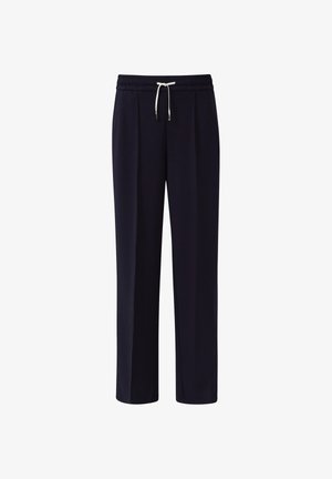 Pantalon de survêtement droit bleu marine avec une taille élastique et un cordon blanc, présenté sur un fond blanc.