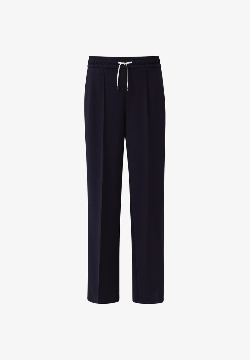 Pantalon de survêtement droit bleu marine avec une taille élastique et un cordon blanc, présenté sur un fond blanc.
