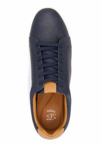 Navy blue sneaker with smooth leather upper, tan accents at the heel and tongue, flat laces, and a white rubber sole.