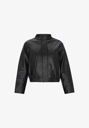 Sort læder bomberjakke med høj krave, cropped design og sidelommer. Glat tekstur med subtile syningsdetaljer.