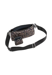 Borsa rettangolare in tela con stampa leopardo e tracolla nera. Comprende una pochette coordinata più piccola con zip. Superficie texture, interno a contrasto.