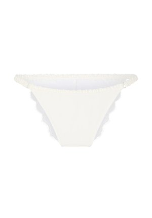 White bikini bottom with ruched elastic edges and a high-cut leg style, displayed against a plain white background.