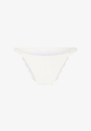 White bikini bottom with ruched elastic edges and a high-cut leg style, displayed against a plain white background.
