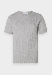 Maglione grigio chiaro a maniche corte con un design a trecce testurizzato, colletto e orlo a coste, e una vestibilità classica. L'etichetta riporta "DAVIDA."